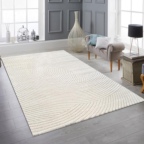 Teppich-Traum Teppich Wohnzimmer Gästezimmerteppich Arbeitszimmerteppich angenehm weicher Mittlerer Flor 3D-Effekt Wellenmuster in Creme, 120 x 170 cm