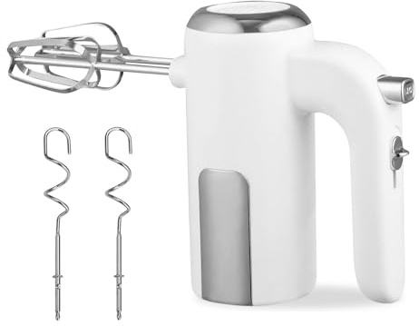 Handmixer, 400W Handrührgerät, Hand Mixer mit 5 Geschwindigkeiten und Turbofunktion Leiser Betrieb Ohne Spritzen mit Schneebesen Elektrisch aus Edelstahl für Rühren und Mixen In Der Küche, Weiß