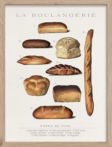 STYLER Bild Boulangerie 30 x 40 cm mit Holzrahmen – Französisches Vintage-Brotmotiv – Farmhouse Nostalgia Wandbild Deko