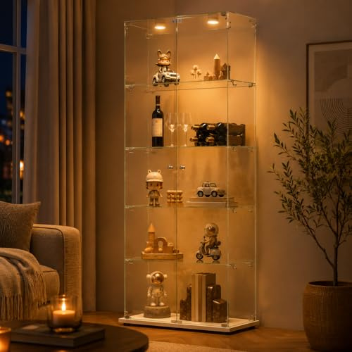 Glasvitrine Standvitrine,Glasvitrine Stehend mit Led,5 Lagen Glas Holz Glas Vitrine Vitrinenschrank 2 TüR und Schloss Vitrine Glasschrank Display Cabinet Sammlervitrine (Weiß, 5 Etagen 2 Tür+LED-1)