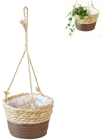 Wenrou Handgewebter Pflanzen Pflanzkübel Hängetopf Korb, Natürlicher Pflanzkorb Hängeampel Pflanzenampel, Boho Blumenampel, mit Kunststoffbeschichtung, Baumwollseil, für Wohnkultur Drinnen Draußen