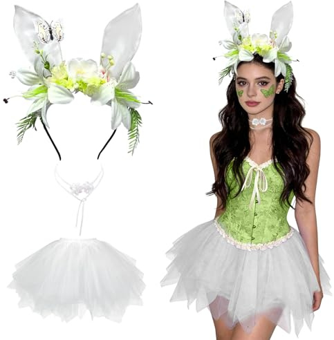 SilverChry Costume de lapin pour adulte - Costume de carnaval pour femme - Serre-tête avec lapin floral artificiel, collier floral, jupe en tulle, costume de fée de carnaval, parfait pour Pâques