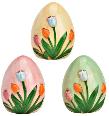 Logbuch-Verlag Keramik Osterei mit Blumen Deko 3er Set Beige Rosa Grün 6x8x6 cm Frühling Osterdeko zum Hinstellen Ei Figur