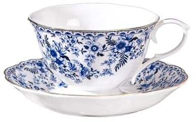 fanquare Vintage Blue and White Floral Porcelain Cup and Saucer Set of 1 | Large Flowers Vine Coffee Cup, Ceramic Tea Cup for Afternoon Tea Party Gifts, 230ml