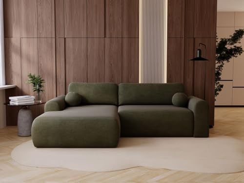 GRAINGOLD Savana L 257x177 cm, L-Form Sofa, Schlafcouch für Wohnzimmer, Velours-Stoff, 3-Sitzer Eckcouch, Ecksofa mit Bettkasten (Grün, Links)