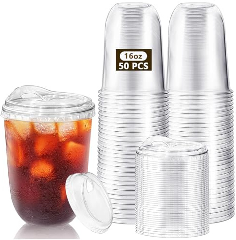 50 Pack Clear Plastic Cups with Sip Lids, Iced Coffee Cup 500ml (16oz) Thickened Clear Plastic Cups Forcold Drinks Smoothie Milkshake Juice Drink Parties Takeaway Coffee Events, Leakproof BPA Free