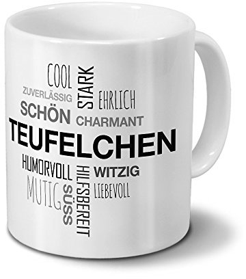 printplanet Tasse mit Namen Teufelchen Positive Eigenschaften Tagcloud - Schwarz - Namenstasse, Kaffeebecher, Mug, Becher, Kaffeetasse
