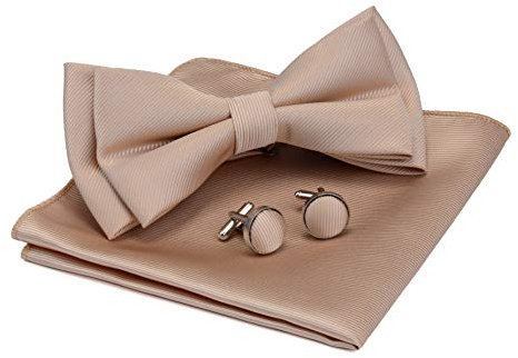 Gusleson Herren-Manschettenknöpfe, einfarbig, zweilagig, vorgebunden, Fliege und Einstecktuch, mit Geschenkbox, champagnerfarben, general