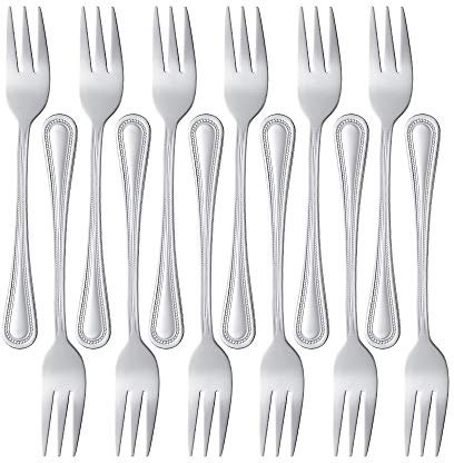 Buyer Star Stainless Steel Tea Forks, 12-Piece Set, Mini Silver Forks with Bead Pattern for Dessert, Cake, Salad, Pastry