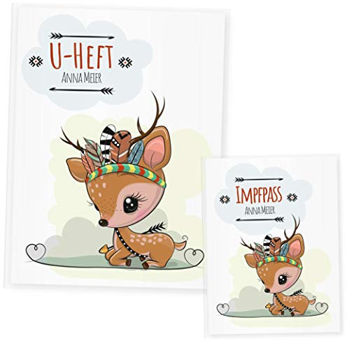 U Heft Hülle Set, Uheft Hülle & Impfpass Hülle Waldtiere, (Uheft Set personalisiert, Reh)