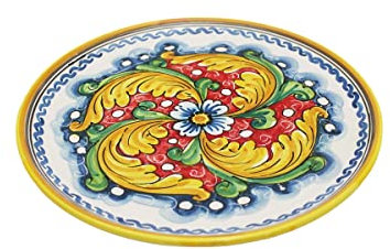 ILAB Piatto grande in ceramica decorata a mano da ceramisti siciliani di Santo Stefano di Camastra fiore rosso art 12