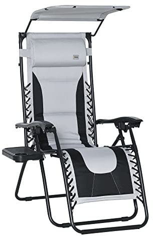 Outsunny Zero Gravity Lounger Chair, Folding Reclining Patio Chair with Shade Cover, Padded Seat, Cup Holder, Soft Cushion and Headrest for Poolside, Camping, Grey