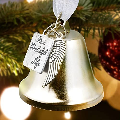 TINGMEI Silver Plated It's a Wonderful Life Christmas Bell Ornaments for Xmas Tree Wedding Anniversary Decoration Pendants with Angel Wings Charms (5X5CM)