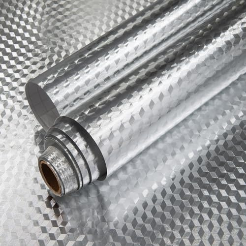 Oil Proof Sticker sticky back plastic roll Viny Wrap Aluminum Silver Foil | Waterproof Self Adhesive Wallpaper for Kitchen Drawer Liners Shelf Liner Cupboard Backsplash Contact Paper 60cm X 300cm