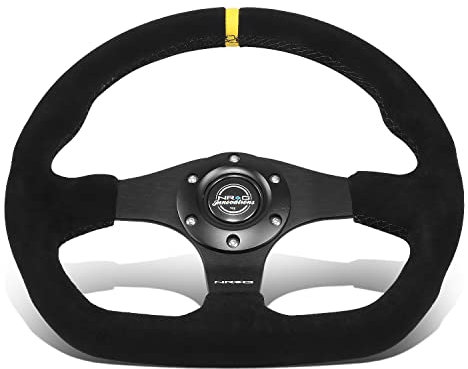 NRG Innovations RST-024MB-S-Y 320 mm 3-Speichen-Lenkrad aus Wildleder mit Hupenknopf, 6 x 70 mm Bolzenmuster, schwarzes Rad/gelber Streifen