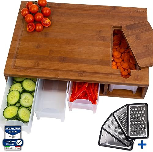 𝐀𝐜𝐨𝐥𝐲𝐧𝐞® XXL Schneidebrett mit 4x Auffangschale & Abwurfschacht KARBONISIERTEN BAMBUS - Profi Schneidebrett Holz inkl 4x Schäler-Aufsatz - Holzbrett Küche, Frankfurter Brett, Cutting Board Wood