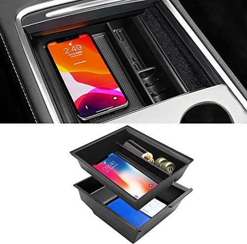 TTCR-II 2PCS Compatible with Tesla Model Y Model 3 Center Console Organizer 2021 2022,Model 3/Y Drawer Storage Box,Centre Console Tray Compatible with Tesla Model Y/3 Accessories (ABS + Rubber)