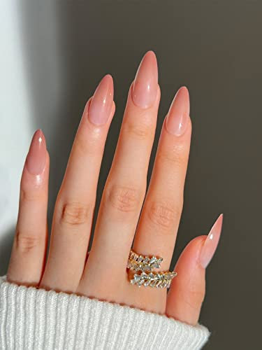 JUSTOTRY 24 Pcs Nude Short False Nails Stiletto,Gradient Coffee Brown Press on Nails Pattern, Fake Nail Short,Almond Stick on Nail for Women,Nails Fake Nail Medium for Nail Art