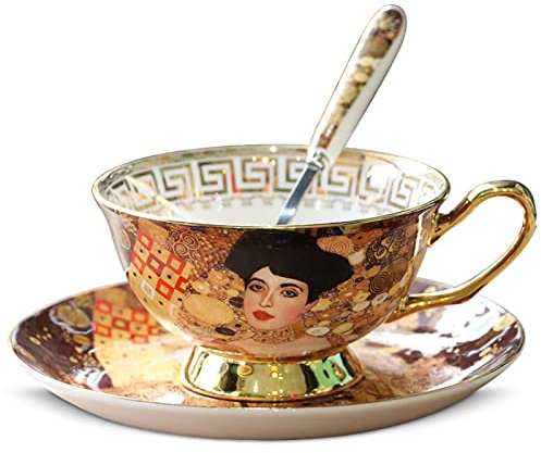 Handgemachte Keramik Kaffeetasse Tasse und Untertasse Set Gustav Klimt Adele Porträt Keramik Kaffee Teetasse und Untertasse Set Teller Hafermilch Becher Hochzeitsgeschenk