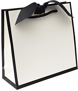 Nu-Nuel 2 Small Luxury Black Edge Gift Bags with Rope Handles | Matt Laminated with Grosgrain Ribbon | Small Gift Bags for Wedding Favours,Jewellery, Baby Showers & Christmas (2, SMALL - 230x220x90mm)