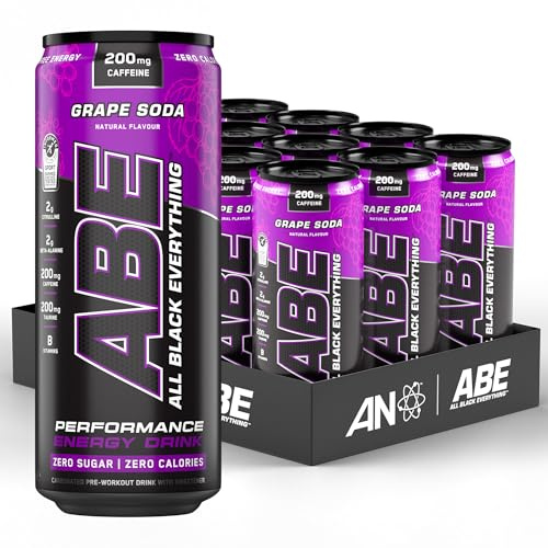Applied Nutrition ABE Pre Workout Cans – All Black Everything Energy + Performance Drink, Sugar-Free Carbonated Beverage with Caffeine (American Grape) (Pack of 12 Cans x 330ml)