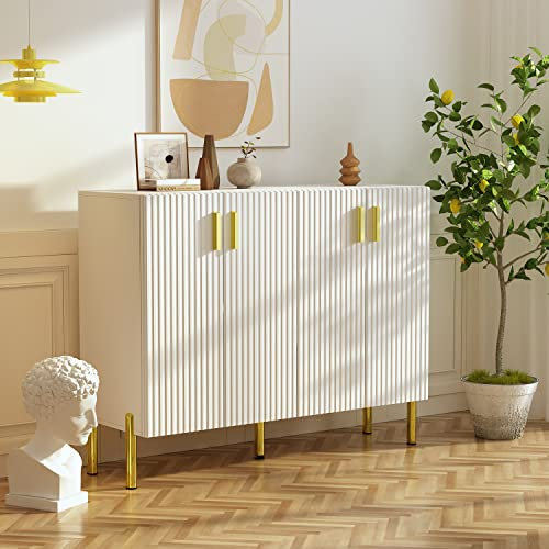 Buffet, Commode, Armoire de Rangement à 4 Portes Buffet en Bois avec Pieds en Métal doré Armoire d'entrée pour Salon Salle à Manger Blanc