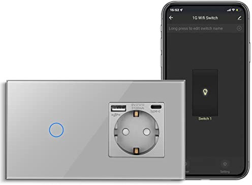 CNBINGO Interruptor de luz táctil inteligente con enchufe Schuko USB, con conector USB y tipo C (máx. 3,1 A), interruptor de luz WiFi para Alexa, Google Assistant, enchufe de pared empotrado, color