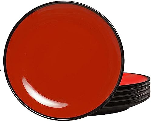 TP 11 Melamine Dinner Plates, 6-piece Plate Set Unbreakable Serving Dishes for Indoor and Outdoor, Unbreakable Dinner Service for 6, Black & Red