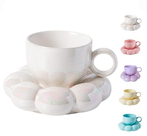 ARISKEY Niedliches Kaffeetasse für Frauen, Teetasse und Untertasse mit Löffel, 200 ml für Latte und Milch, eine warme Wahl für Mutterliebe, Perlweiß