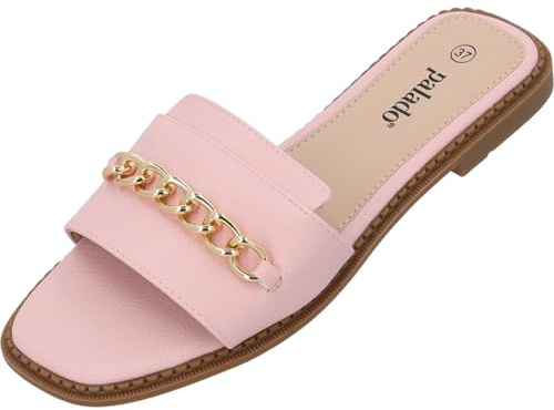 Palado Pantoletten Damen Pekiz - bequeme Sandalen - elegante Hausschuhe - modische Sommerschuhe mit Kettendetail Rosa UK4,5 - EU37