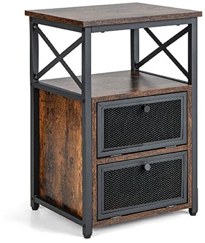 COSTWAY Bedside Table, Industrial Nightstand End Sofa Side Table with 2 Flip Doors and Storage Shelf, Metal Frame Wooden Bedside Cabinet Accent Tea Table for Living Room Bedroom Office (1)
