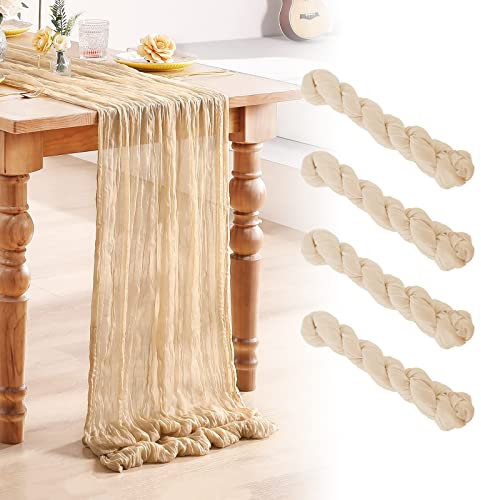 Seihtuch-Tischläufer, Boho Gaze Käsetuch Tischläufer Rustikaler Durchsichtiger Läufer, Musselin Dekostoff, Lang Tischdecke für Hochzeit Braut Babyparty Geburtstagsfeier Tischdekoration (Beige 4)