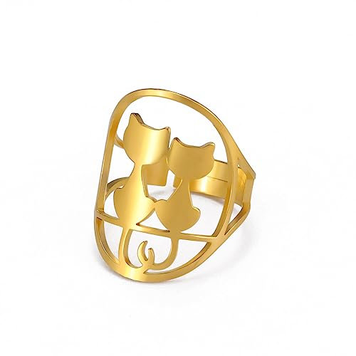kkjoy Katzen-Ring aus Edelstahl Verstellbar Niedliche Katzen Offener Fingerring Modeschmuck Geschenk für Frauen und Mädchen