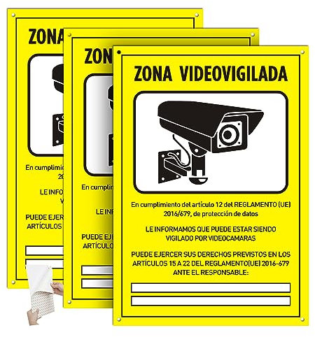 DAOUZL Señal Zona Videovigilada, Cartel de PVC glaspack 0,7mm A4 21 x 30cm, 3 PCS Carteles de Zona Videovigilada, Cartel Zona Videovigilada Interior/Exterior, con Autoadhesivo y Agujeros Pretaladrados