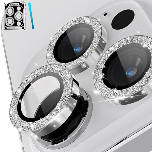 CloudValley Pellicola Fotocamera per iPhone 15 Pro e iPhone 15 Pro Max,Protettive In Vetro Temperato, Accessori 9H Anti-Graffio HD Chiaro, Brillantini Titanio bianco