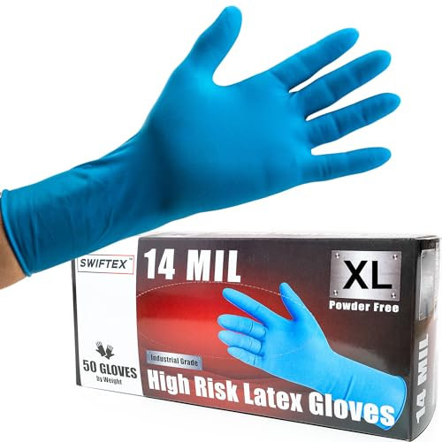 SWIFTEX Strapazierfähige, dicke Latexhandschuhe, 14 mm, blau, industriell, puderfrei, 30,5 cm lang, strukturiert, Mehrzweck, Box mit 50 Stück (Größe XL)
