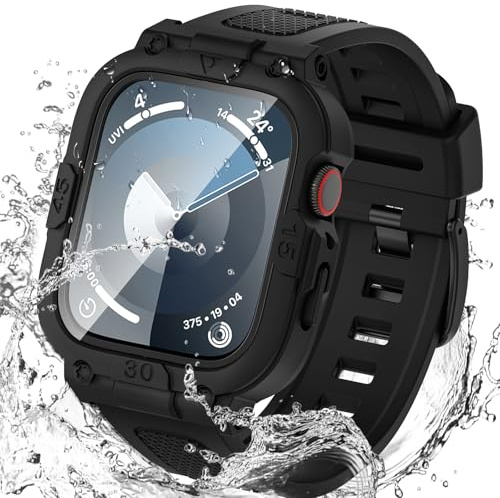 Goton Funda impermeable 3 en 1 y correa con protector de pantalla de vidrio templado para Apple Watch Series 10, 9, 8, 7, 6, 5, 4, SE2, SE Ultra de 46 mm, 42 mm, 44 mm, 40 mm, 45 mm, 41 mm, 49 mm