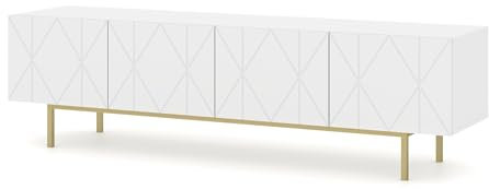 Homlando Mobile TV KAIRO180 cm 4D - Mobiletto moderno con pannello frontale fresato MDF - Mobile basso con 4 ante per soggiorno - telaio in metallo - bianco opaco