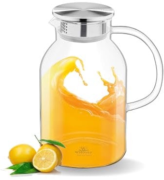 Wilmax | Glaskaraffe mit Deckel aus Edelstahl | 2100ml | Karaffe für Heiß- oder Kaltgetränke | Wasserkaraffe aus Borosilikatglas | Glaskrug für Tee, Saft, Milch | Glaskanne | Wasserkrug