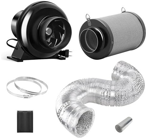 HealSmart 4 Inch 195 CFM Exhaust Inline Duct Fan Vent Booster Blower Upgrade Carbon Filter and 8 Feet Flex Air Aluminum Foil with 2 Clamps for Indoor Grow Tent Hydroponics Ventilation, Quiet