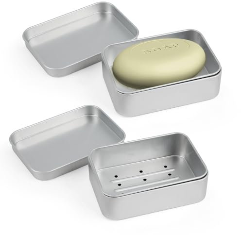 Jabonera de Aluminio con Rejilla de Goteo Extraíble, 2 Piezas Jabonera para Viajes, Caja de Jabón, Caja de Metal, Lata de Metal, Sin Plástico, Adecuada para Todos Los Jabones Sólidos