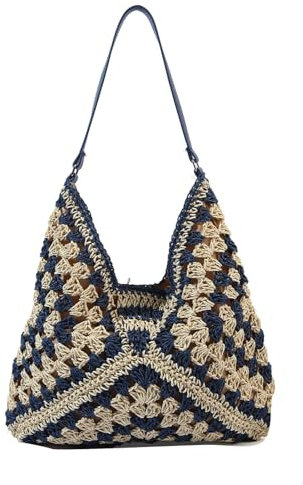 Skyearman Sac a Main Femme Grand Sacs Tissés en Paille Tissée pour Femme Sac de Plage D'été de Loisirs Tote Portés épaule Pour Voyage, Date et Vacances (Bleu)