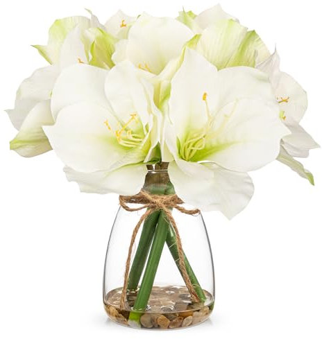 Arborus Artificial Amaryllis Flowers in Vase with Faux Water,Pebbles 30cm Fake White Flowers with Glass Vase Real Touch Spring Flowers for Home Bathroom Table Centerpiece Wedding Party Decorations