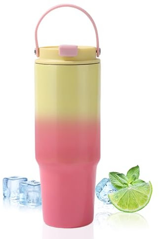 GOOFIT Taza térmica de 880 ml con tapa y pajita Taza de café de 30 Oz de acero inoxidable Aislamiento de bebidas frías y calientes Taza de coche personalizada para agua, café o té helado Amarillo Rojo