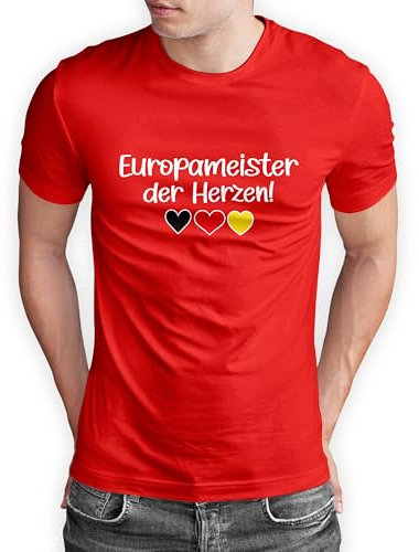 Deutschland T-Shirt „EM 2024 - Europameister der Herzen“ Trikot Fußball Shirt Europameisterschaft Herren Damen - Fanartikel Fan-Outfit - 3 kleine Herzen, Rot, Gr. XL