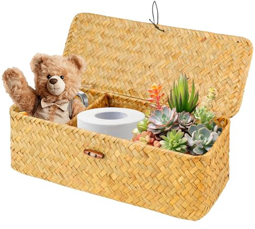 AKONE Aufbewahrungskorb aus Seegras, Korb mit Deckel, Natürliches Aufbewahrungskorb Geflochten, Handgewebt Aufbewahrungsboxen mit 3 Fächern, Korb Aufbewahrung für Badezimmer, Wohnzimmer, Küche