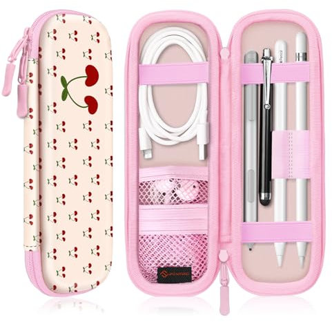 Fintie Funda Protectora de Piel Sintética Compatible Con Apple Pencil (USB-C y 1ª/2ª Generación), Apple Pen, Cable USB, Samsung Stylus, Cerezas Coquette