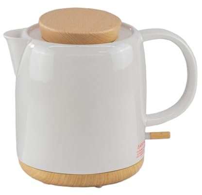 Elektrischer Wasserkocher aus Keramik mit Holz-Deckel, 1 Liter Volumen, weiß - Modernes Design. 1200 W, 220V, 50-60 Hz. Tea kettle ceramic and wood elektrish white 1 L modern