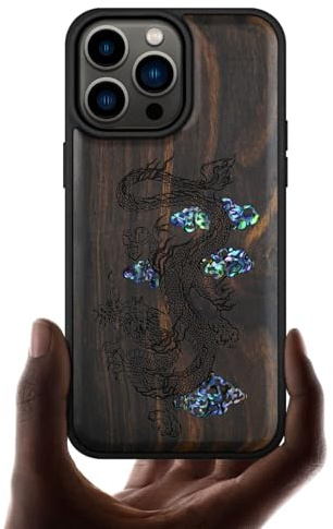Carveit Designer Wooden Protective Case for iPhone 14 Pro Max Magnetic Case Cover [Wood Engraving & Shell Inlay] Compatible with 14 Pro Max MagSafe Case (Majestic Chinese Dragon-Blackwood)