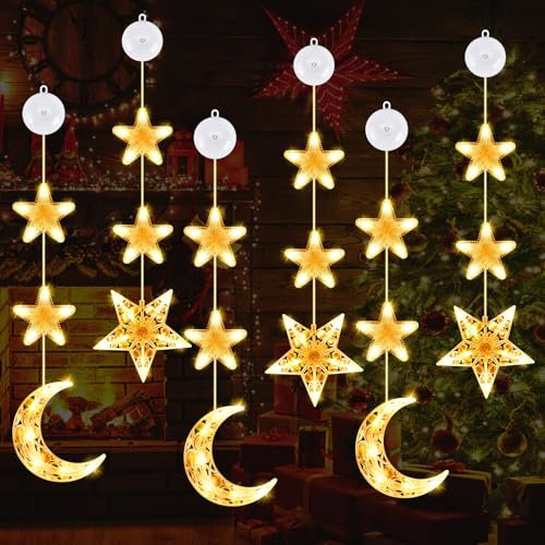 Herefun 6er Set Fensterdeko Hängend Fensterlicht, Weihnachtsdeko Fenster Beleuchtet, Weihnachtsbeleuchtung, LED Saugnapf Weihnachten Lichter, LED Vorhang Licht für Innen Außen Weihnachtsfeier(B)
